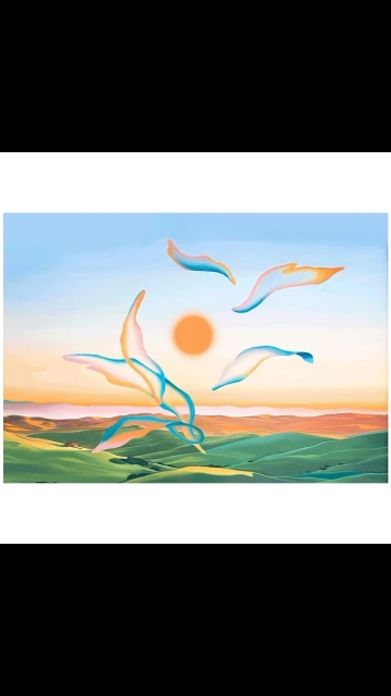 Abstract landscape illustration featuring green hills, a sunset, and floating ethereal elements in pastel colors creating a dreamlike scene.
