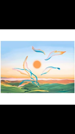 Abstract landscape illustration featuring green hills, a sunset, and floating ethereal elements in pastel colors creating a dreamlike scene.