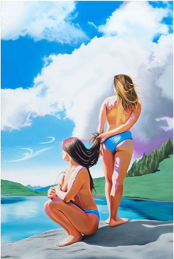 Illustration of two women in swimsuits by a lake, with mountains and a cloudy sky in the background, created with painting techniques.