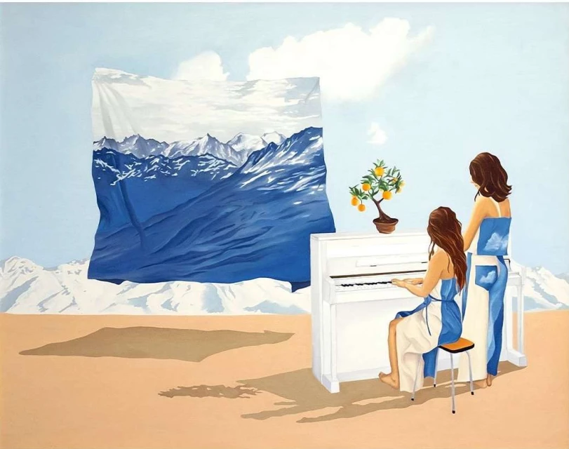 Painting of two women at a white piano with a plant, set against a sky backdrop with blue mountain and cloud imagery.