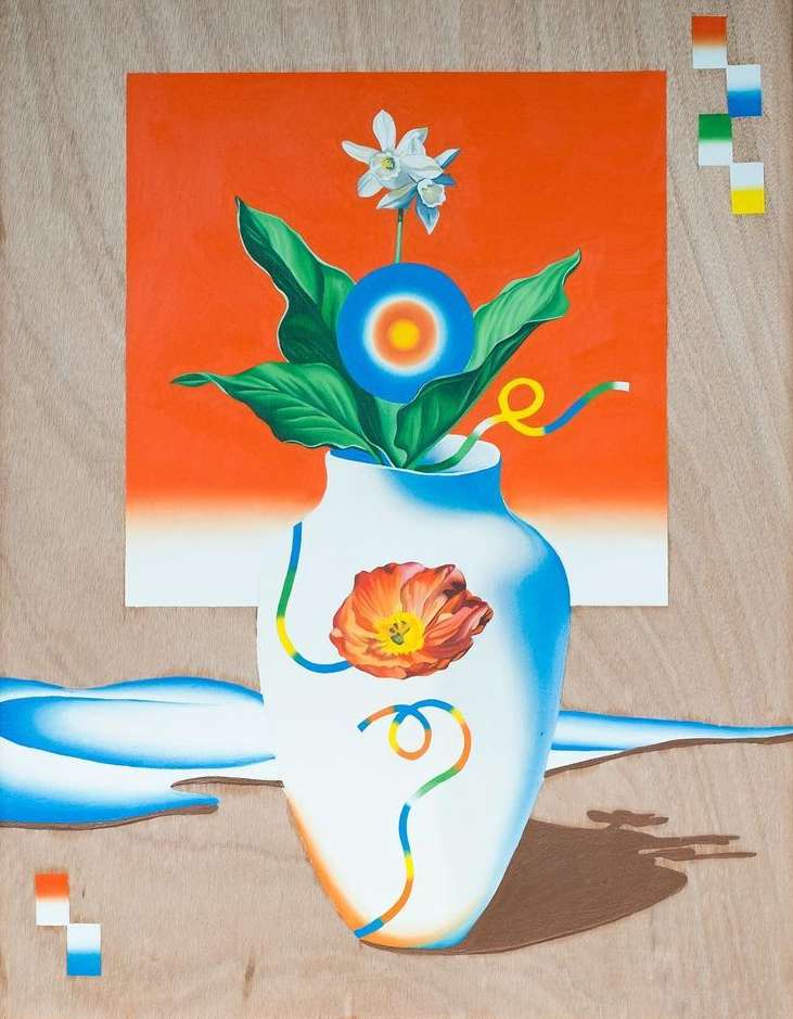 Abstract floral still life features a white vase with flowers against an orange and wood-grain backdrop with colorful geometric accents.