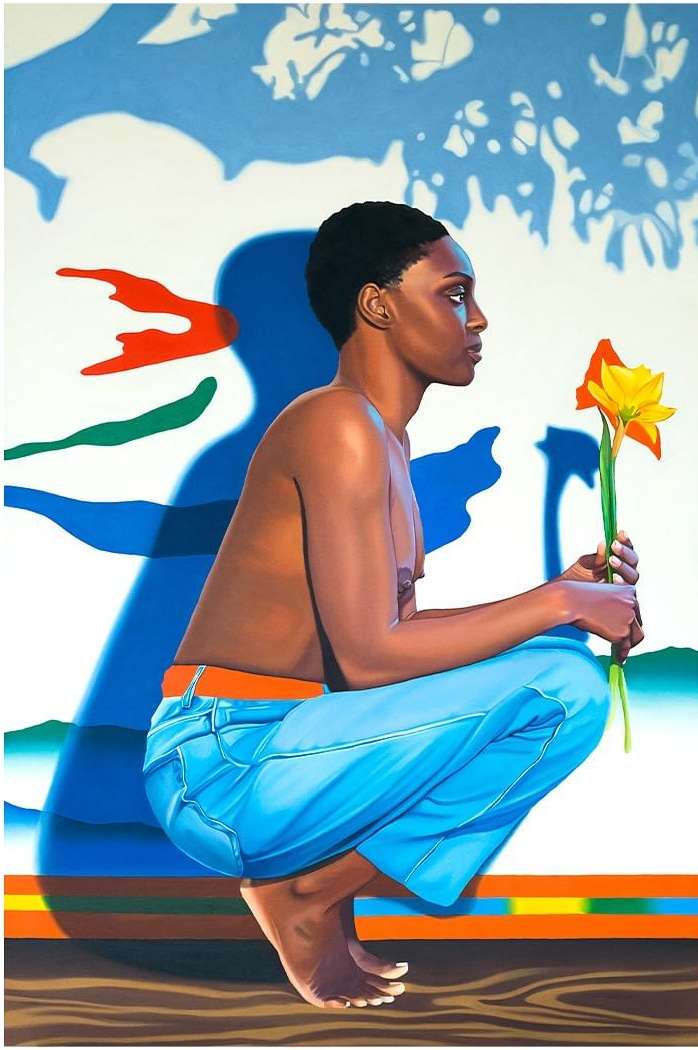 Illustration of a crouched, topless person holding a flower, with an orange belt on blue pants, set against a bright, artistic backdrop.