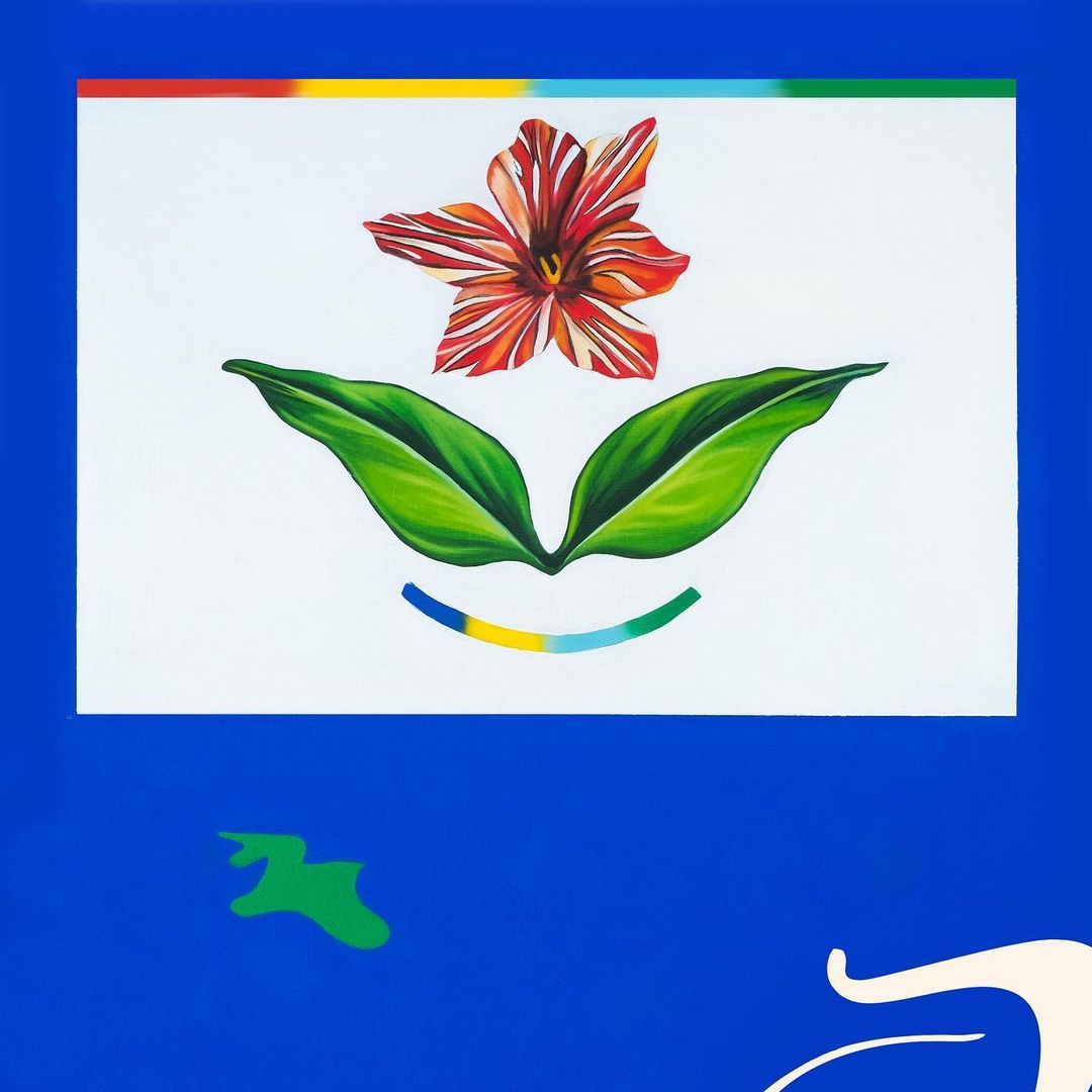 Illustration on white background with vibrant flower, green leaves, and colorful arc over a bright blue backdrop.