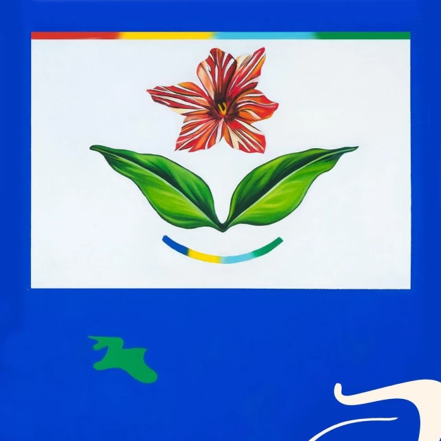 Illustration on white background with vibrant flower, green leaves, and colorful arc over a bright blue backdrop.