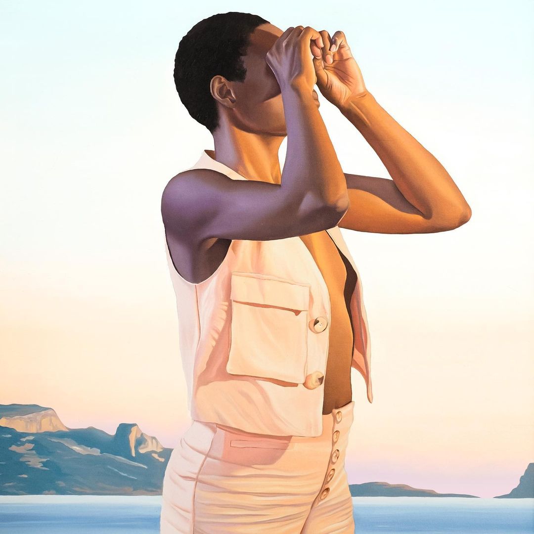 Painted portrait of a woman in a pink vest looking through her hands against a pastel sky with distant mountains and reflective water.