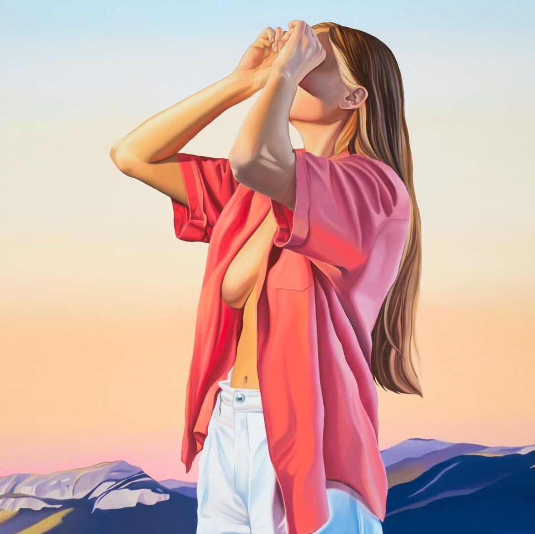 Painting of a woman shielding her eyes from the sun with a pink shirt, white jeans, and a mountain range in the background.