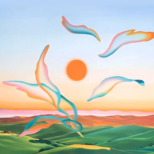 Abstract landscape painting with rolling green hills under a pastel sky and floating abstract forms in peach, pink, and blue tones.