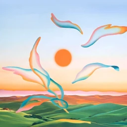 An illustrated surreal landscape with floating iridescent organic ribbon shapes and a bright orange sun over rolling green hills.