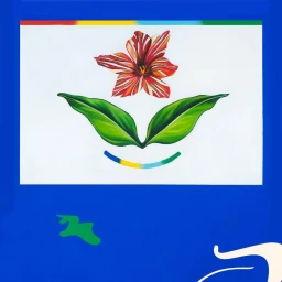 Botanical illustration featuring a detailed red flower with green leaves centered on a white rectangular field surrounded by bold blue.