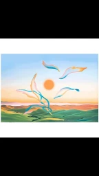 An illustrated landscape at sunset with rolling green hills and floating abstract blue and orange ribbons.