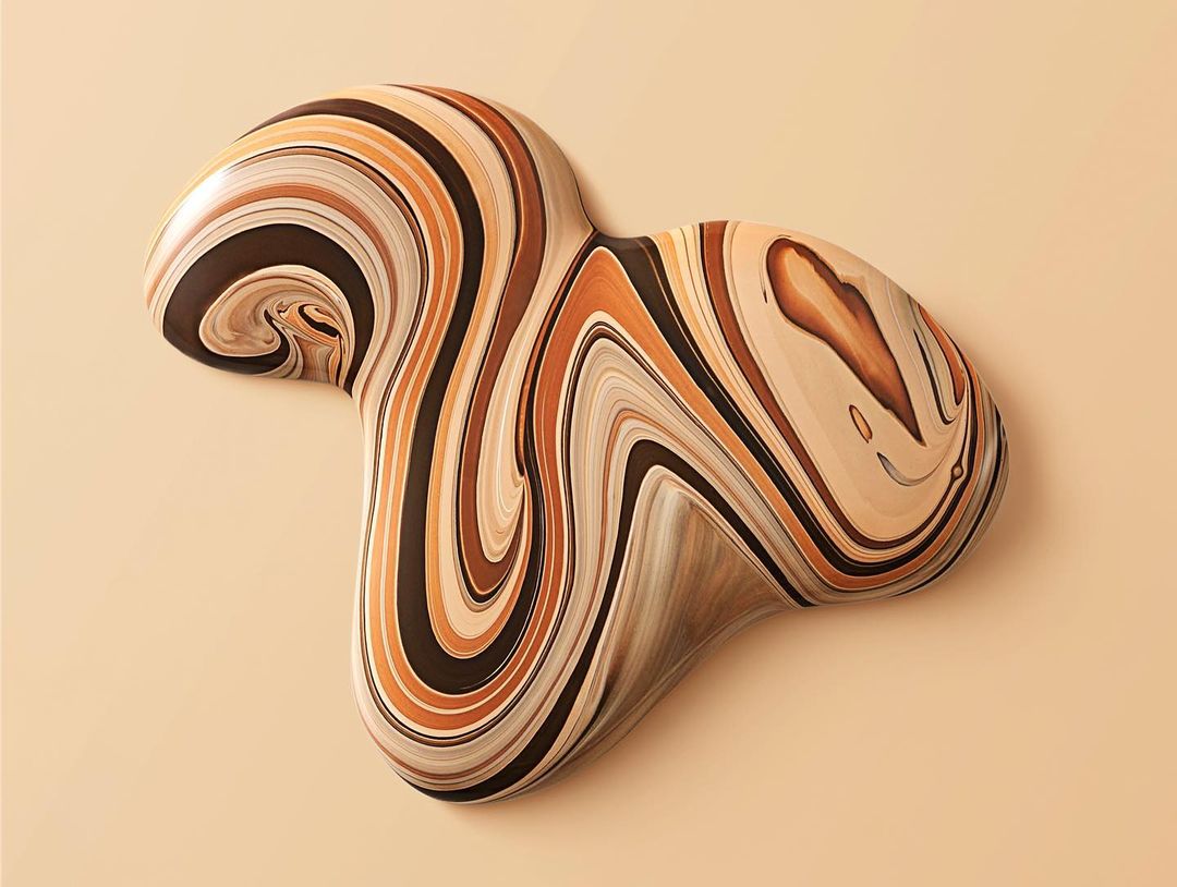 Abstract swirl design in earth tones, resembling a topographic map or flowing liquid, against a solid beige background.