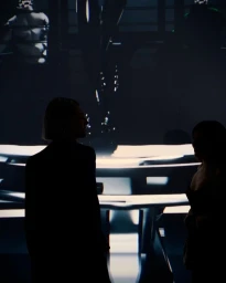 Silhouettes of two women standing indoors against a dimly lit background with bright horizontal light fixtures.