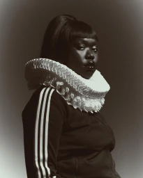 Portrait of a black woman in a dark tracksuit jacket and large white ruffled ruff collar photographed by Austn Fischer.