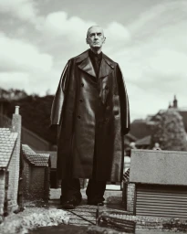 Monochrome portrait of an elderly man wearing a long dark trench coat standing among miniature model houses.