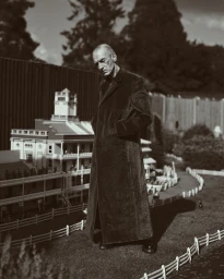 An elderly man wearing a long dark coat standing in front of a miniature model village in London.