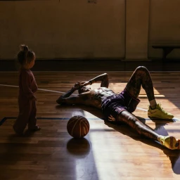 Tattooed basketball player lying on a wooden indoor court floor with a young child standing nearby and a basketball