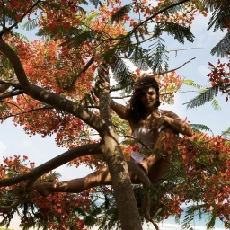 Woman in white swimsuit perched among flowering tree branches with vibrant red blossoms against a bright sky.