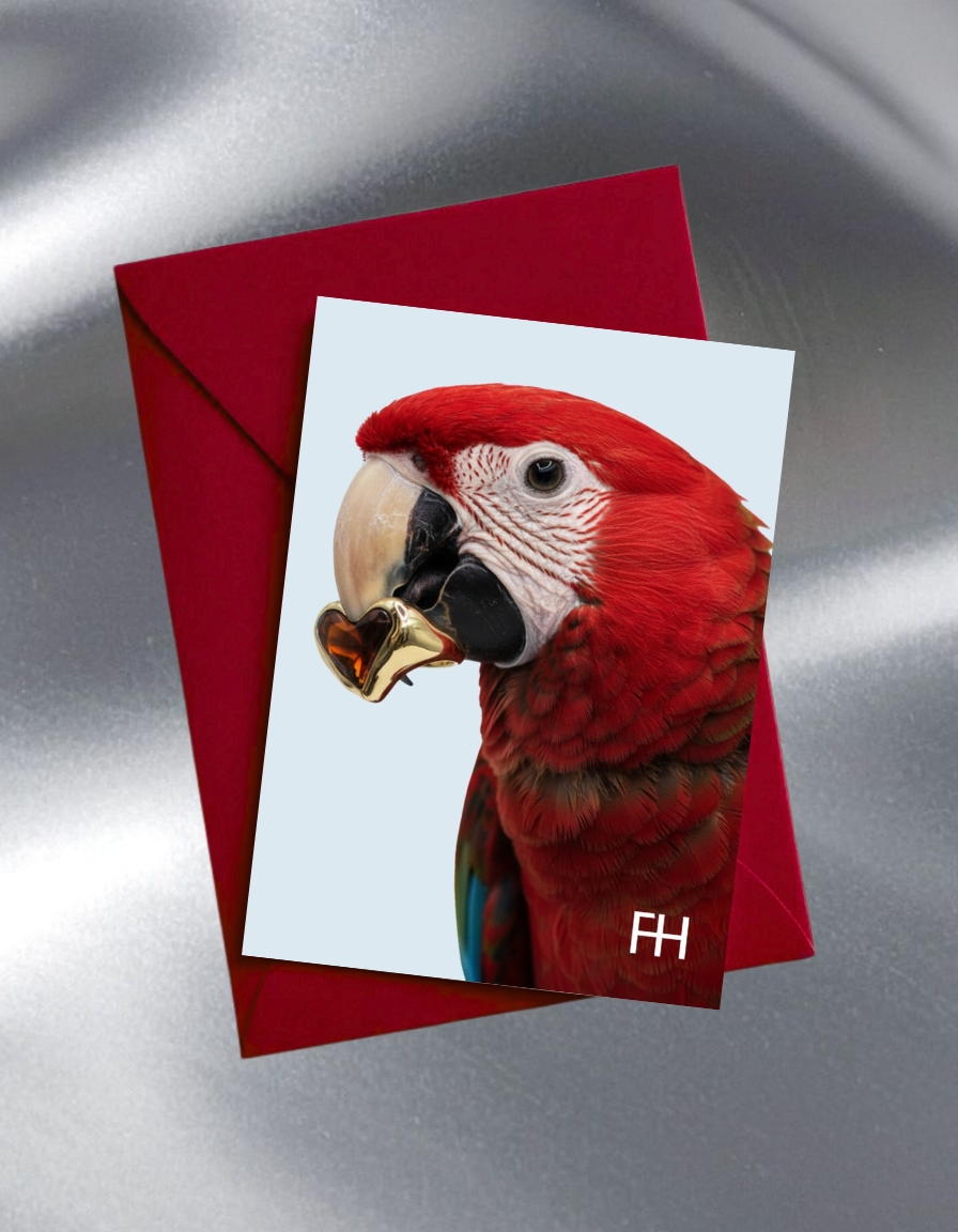 Close-up of a red macaw parrot image on a greeting card with a red envelope, against a shiny silver background, portrait orientation.