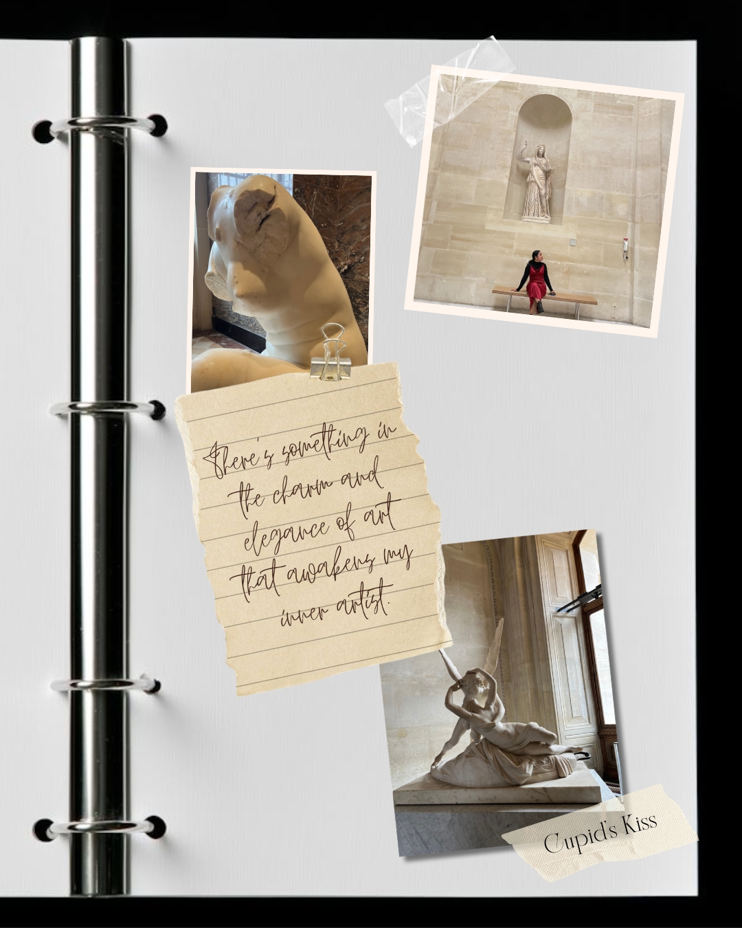 Open binder with photos and a handwritten note of classical sculpture and a person sitting on a bench inside a museum.