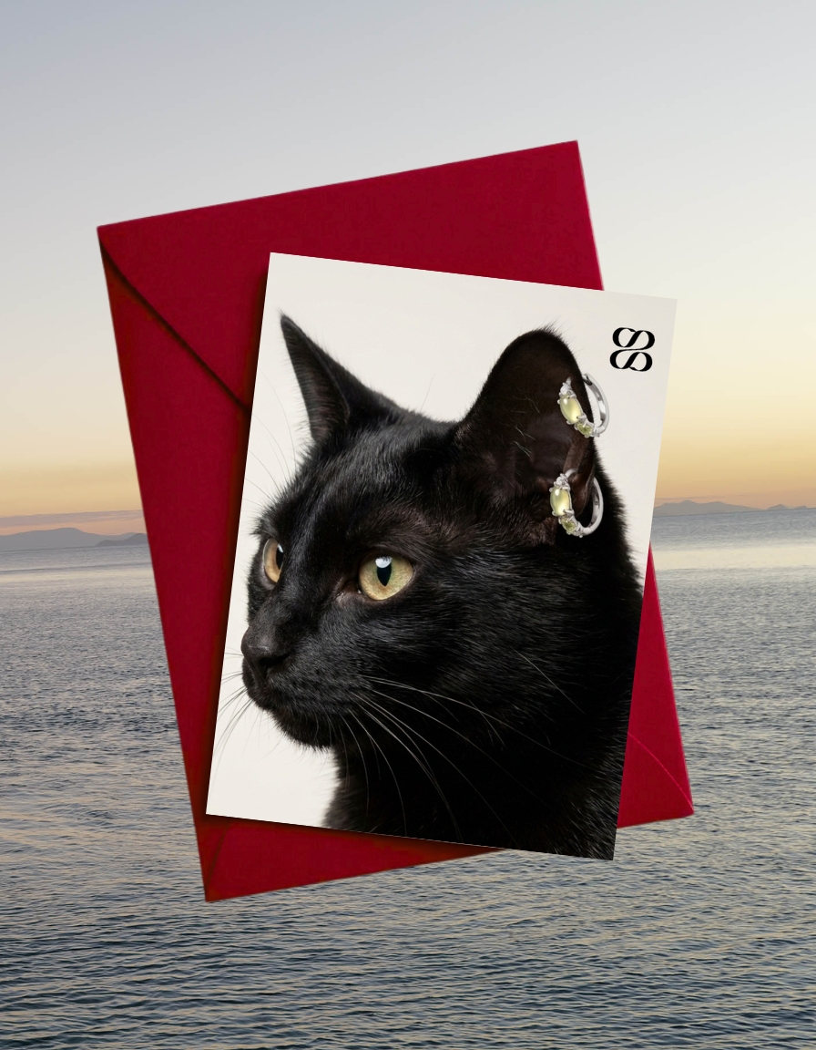 A visually striking image features a black cat card next to a red envelope, set against a blurred ocean background at sunset.