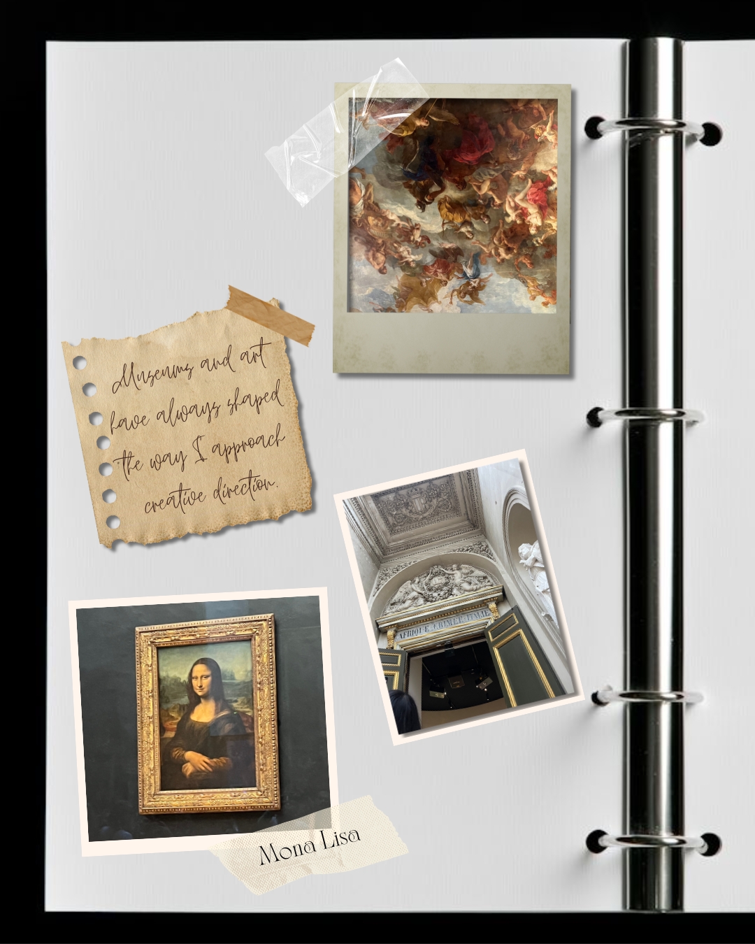 A collage of images including reproductions of famous artworks like the Mona Lisa, mounted on a white page with metal binding rings.