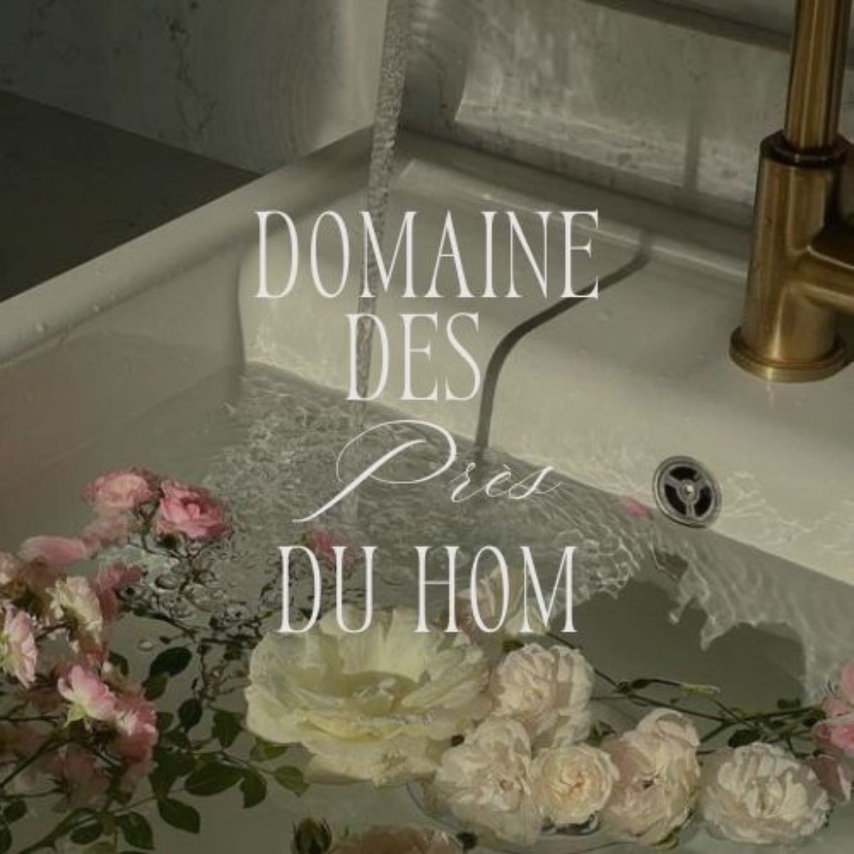 Close-up of water running into a white tub filled with flowers, next to a gold faucet with white text overlay on the image.