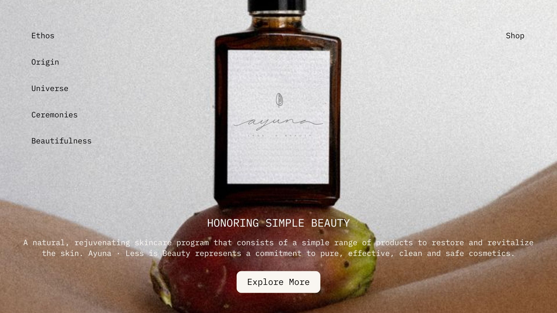 A bottle of Ayuna skincare product sits on a prickly pear against a soft, neutral backdrop. The composition emphasizes natural beauty.