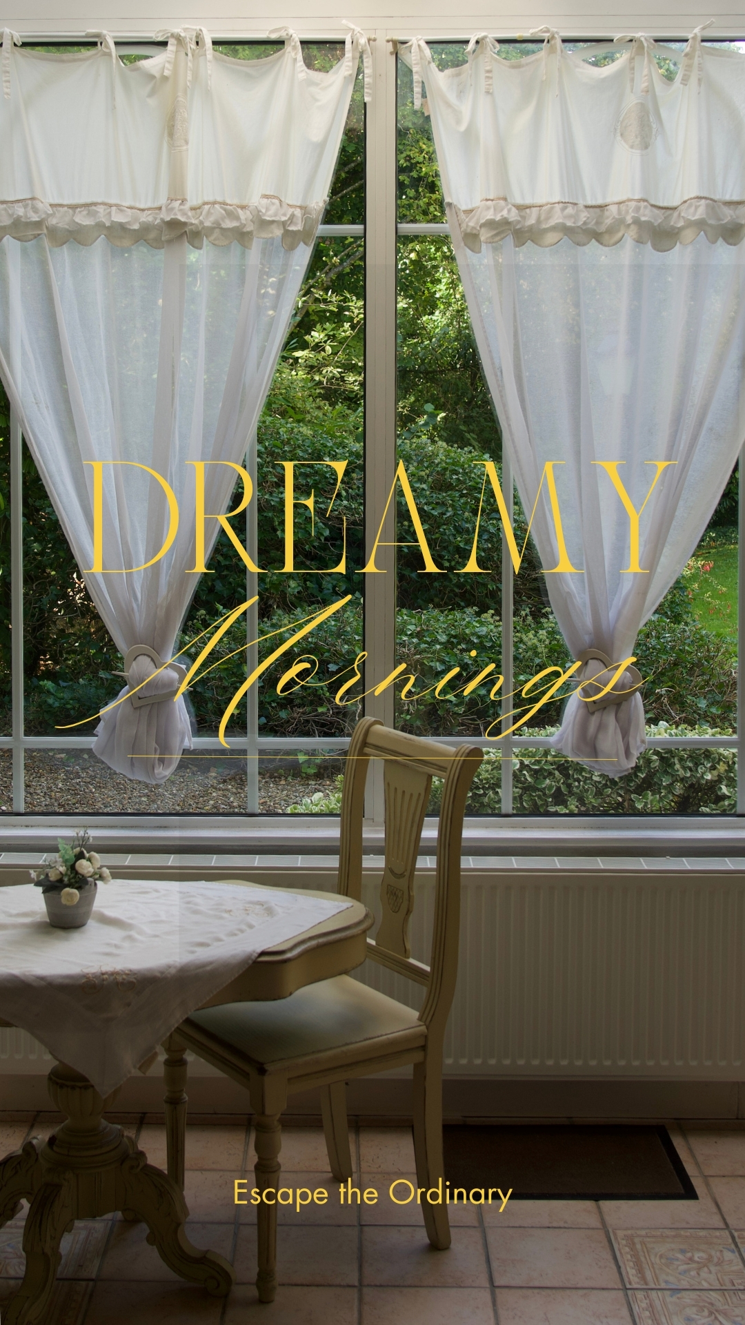 Bright indoor view through a window with sheer white curtains, a small round table and chair, and a green garden outside.