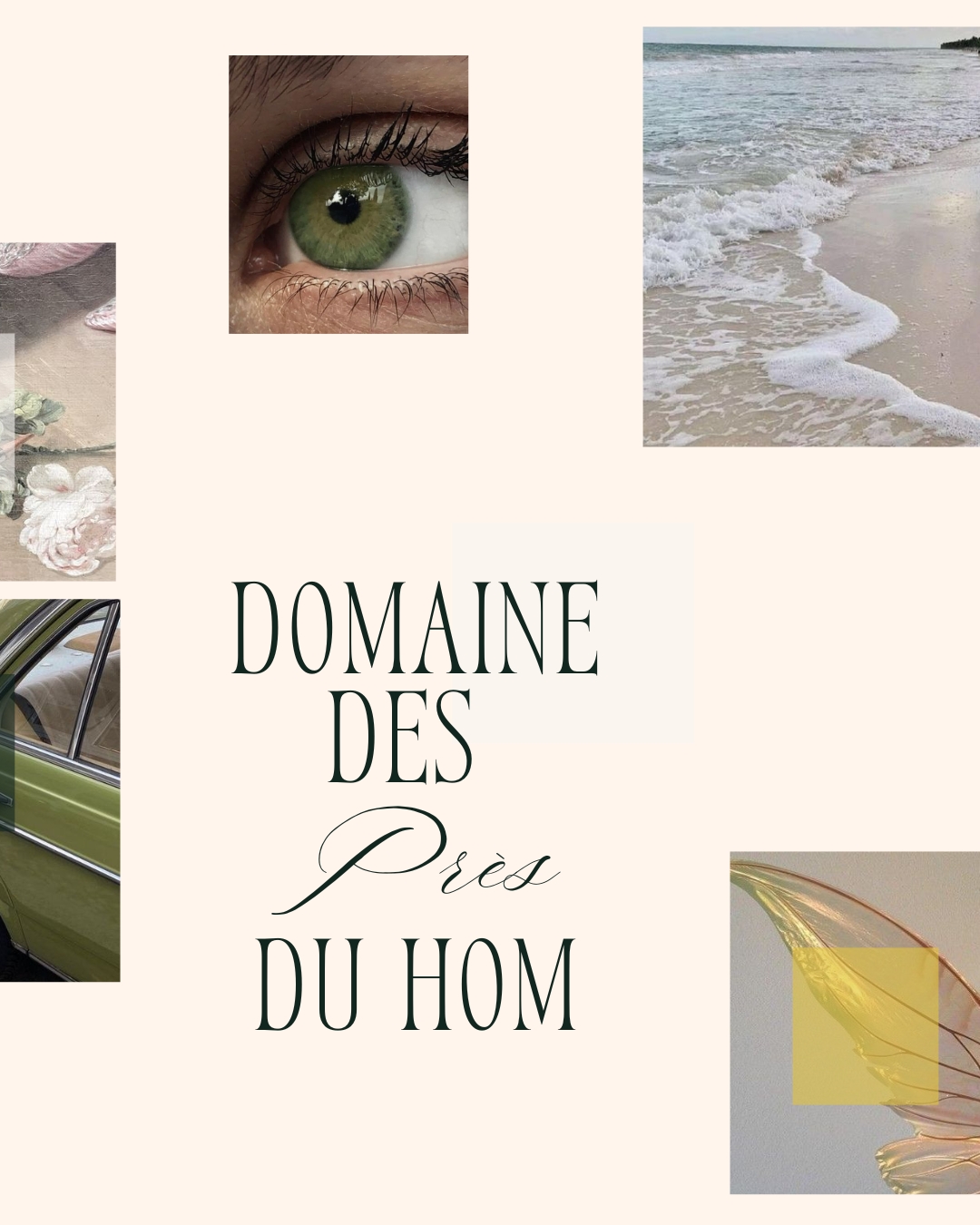 Collage with a green eye, beach scene, vintage car detail, a flower, and text 'Domaine Des Prés Du Hom' on a light background.