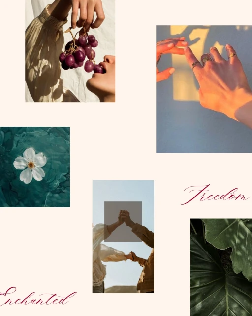 Collage aesthetic featuring hands holding grapes, reflecting in a square, and adorned with rings, complemented by floral and leaf elements.