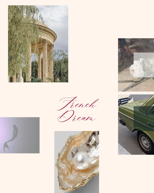 Collage featuring architecture, a pearl in an oyster shell, a vintage car, and a mermaid silhouette on a neutral beige background.