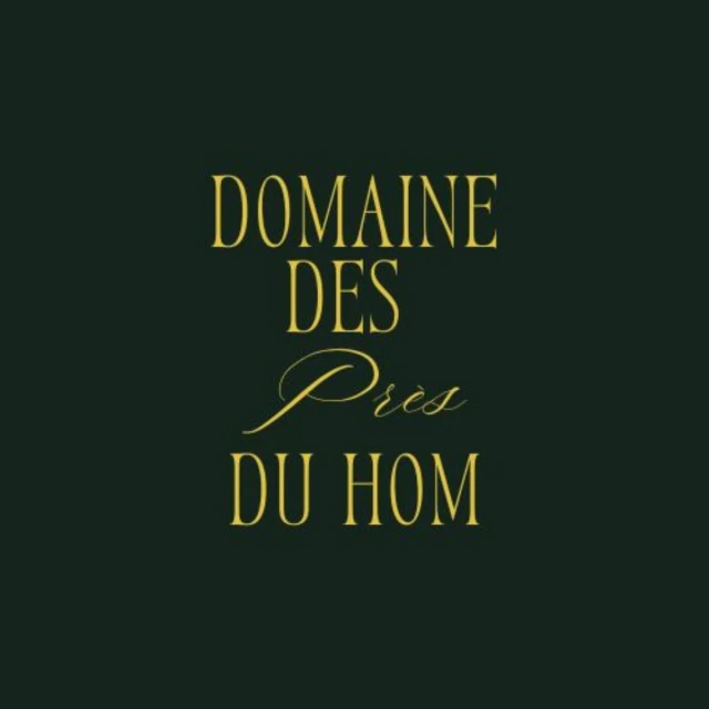 Elegant logo with gold text on a dark green background featuring the text 'DOMAINE DES Prés DU HOM', evoking a sense of sophistication.