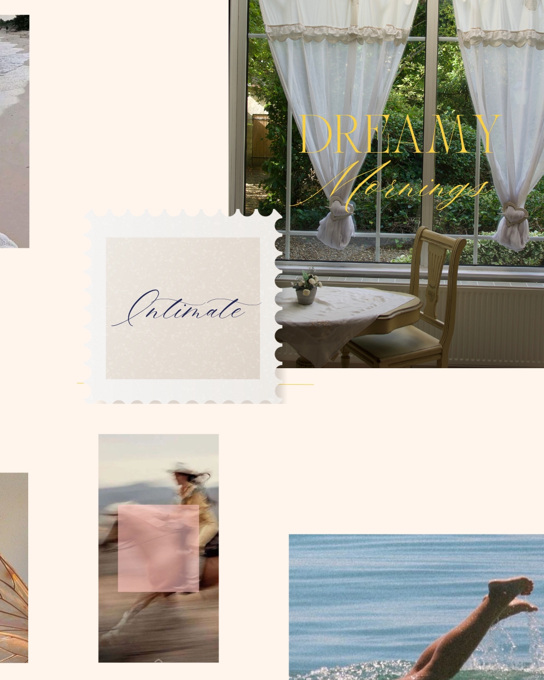 Collage of images: beach, table setting with sheer curtains, woman diving in water, text art; neutral color palette.