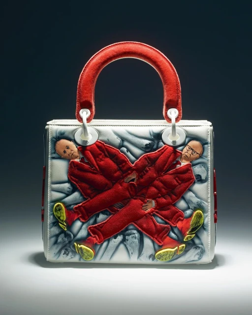Lady Dior handbag featuring an unusual illustration with red and yellow accents against a light blue and white backdrop in studio lighting.