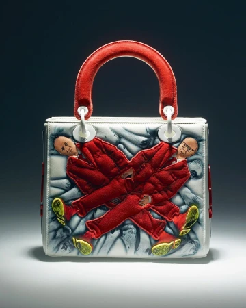Lady Dior handbag featuring an unusual illustration with red and yellow accents against a light blue and white backdrop in studio lighting.