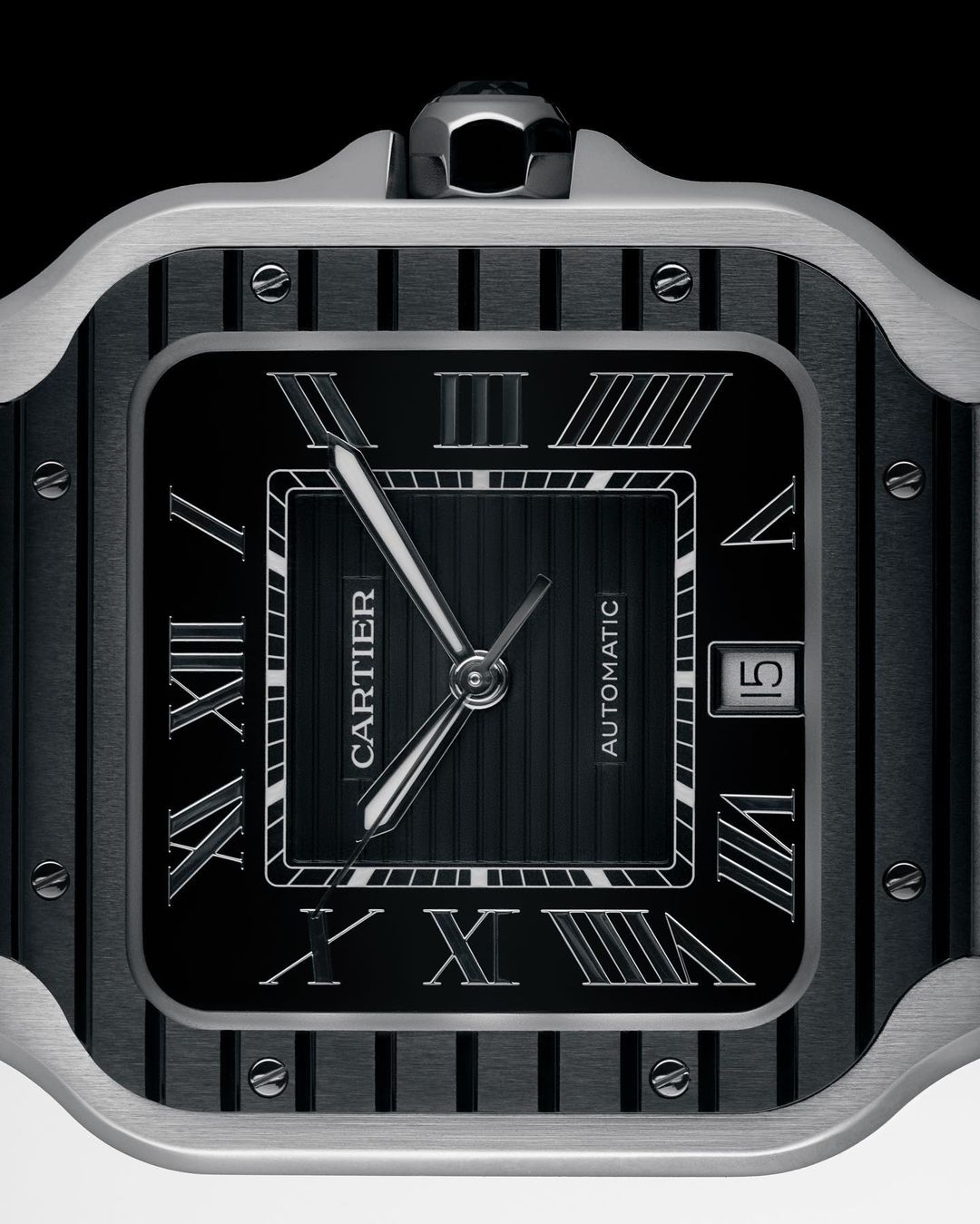 Elegant Cartier watch featuring a square face with Roman numerals and sleek silver hands against a glossy black dial and silver case.