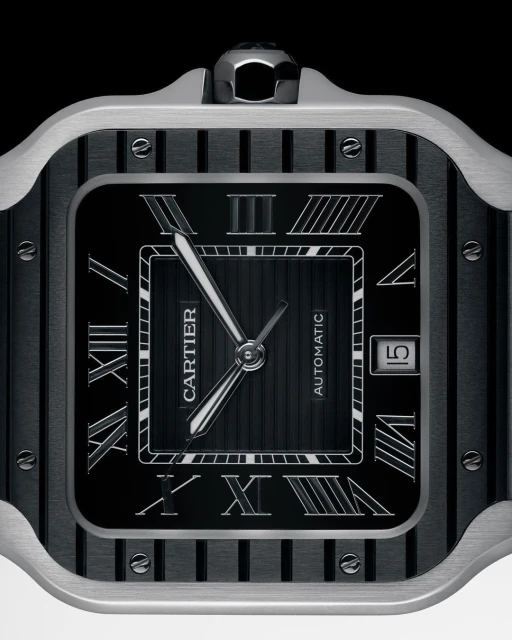 Elegant Cartier watch featuring a square face with Roman numerals and sleek silver hands against a glossy black dial and silver case.
