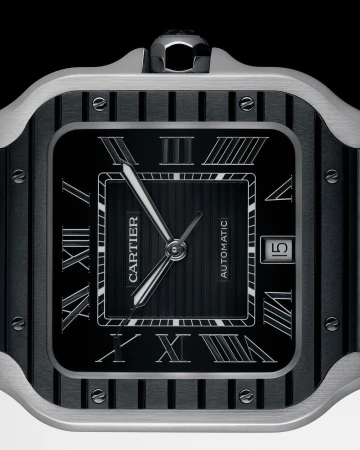 Elegant Cartier watch featuring a square face with Roman numerals and sleek silver hands against a glossy black dial and silver case.