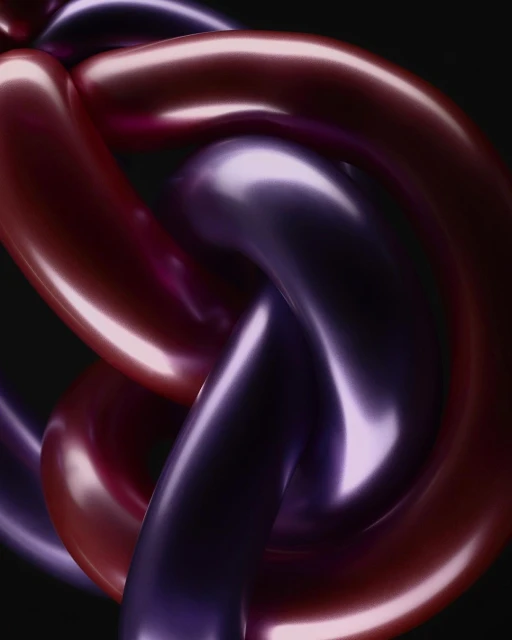 Abstract render of interconnected metallic tubes in purple and red hues against a stark black background, creating a modern, flowing design.