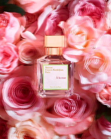A rectangular glass perfume bottle with a golden cap nestled amongst a dense background of pink and white roses.