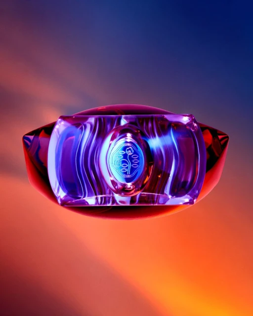 Close-up product shot of a glass perfume bottle with orange and blue gradient background, highlighting its abstract shape and design.
