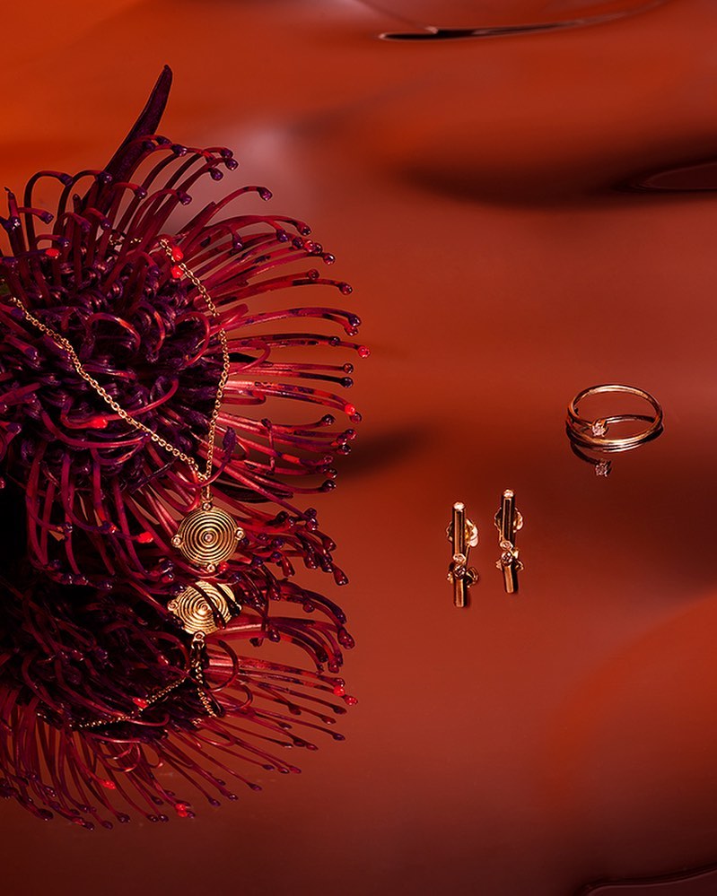 Still-life shot of gold jewelry featuring a necklace, a ring, and dangling earrings displayed with a vibrant red pincushion protea flower.