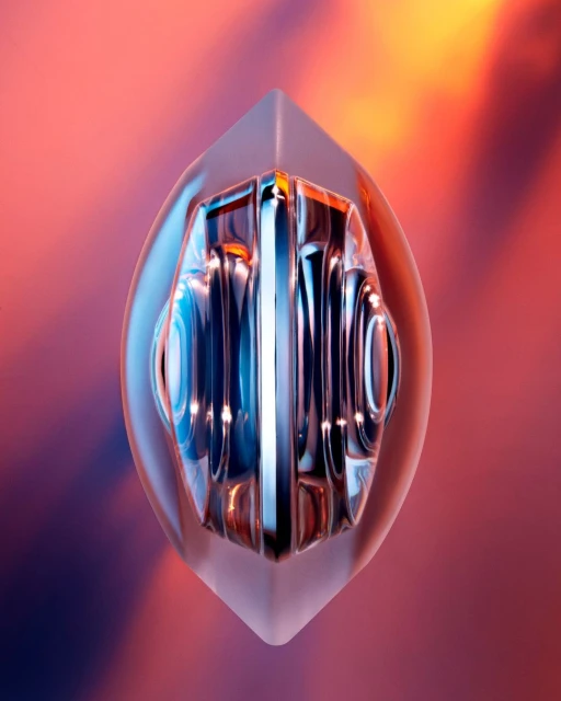 Translucent sculpture of an abstract geometric object, with blue and orange lighting, casting shadows on a soft gradient background.