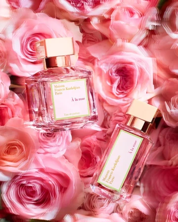 Two perfume bottles resting among a dense arrangement of fresh pink roses in Paris by Baptiste Olivier.