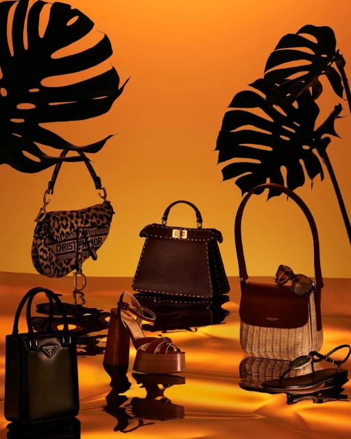 Fashion still life with handbags and sandals on a reflective surface with silhouetted monstera leaves against an orange background.