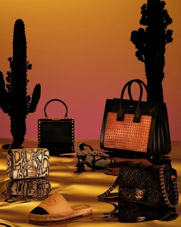 Luxury fashion still life featuring designer handbags, shoes and accessories on a glossy surface, with a desert-themed background.