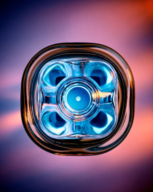Close-up shot of a clear glass bottle with a blue liquid inside, highlighted by diffused orange and purple lighting, casting subtle shadows.