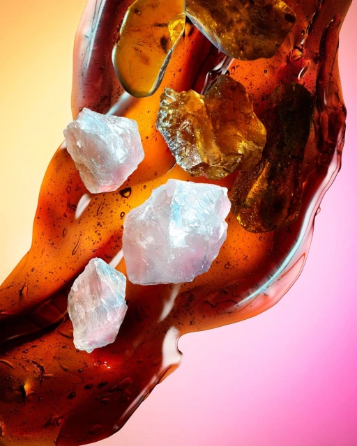 Amber and white crystalline rocks set in flowing amber resin against a blended orange and purple gradient background in a studio setting.