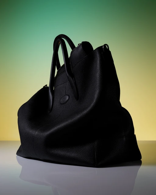 Studio shot of a black pebbled leather handbag with rolled handles against a green and yellow graduated backdrop. Fashion accessory.