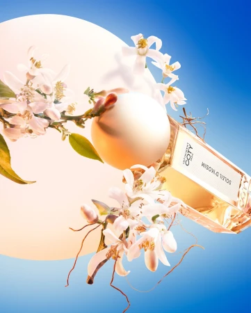 Coty perfume bottle floating among white orange blossom flowers against a warm peach circle and vibrant blue background